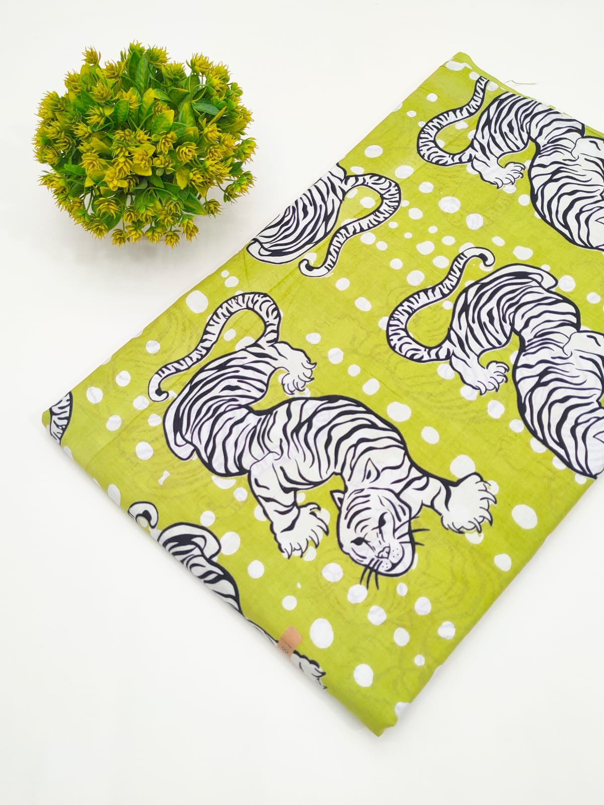 Lime Green Tiger Motif Screen Print Pure Cotton Fabric