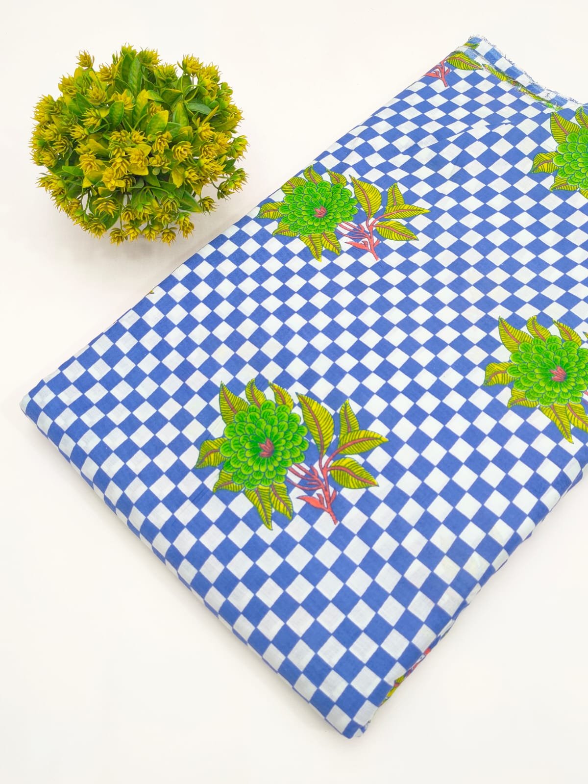 Blue Checkered Floral Screen Print Pure Cotton Fabric