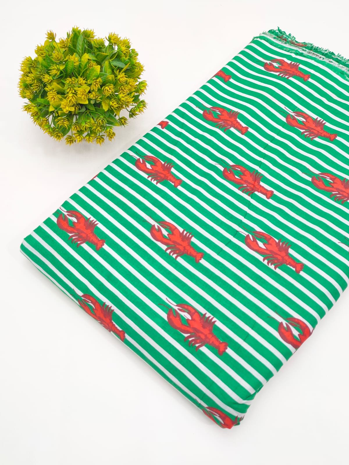 Green Striped Lobster Motif Screen Print Pure Cotton Fabric