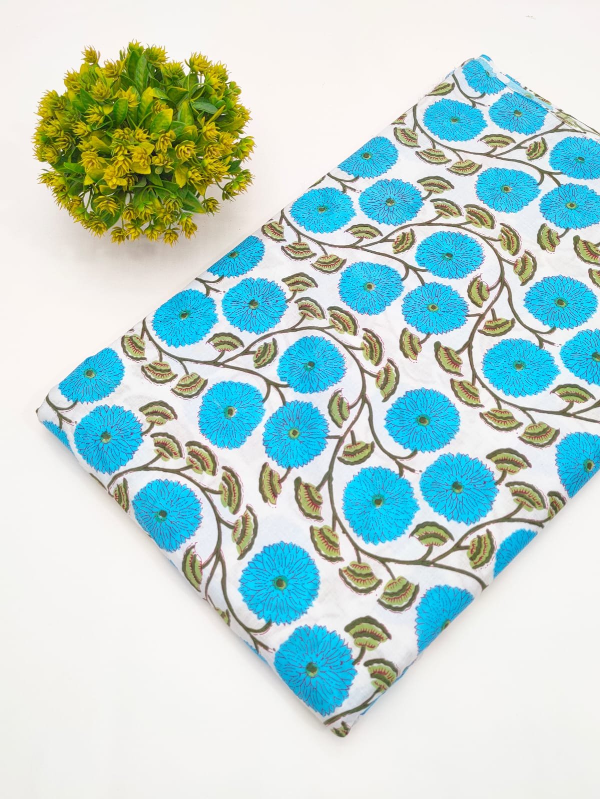 White Blue Floral Screen Print Pure Cotton Fabric