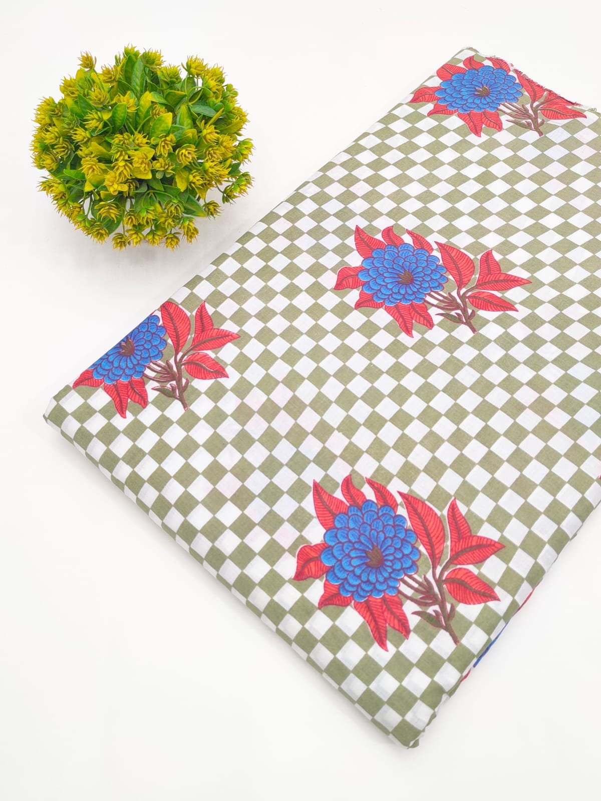 Olive Green Floral Check Screen Print Pure Cotton Fabric