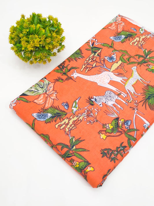 Coral Animal Jungle Print Screen Print Pure Cotton Fabric