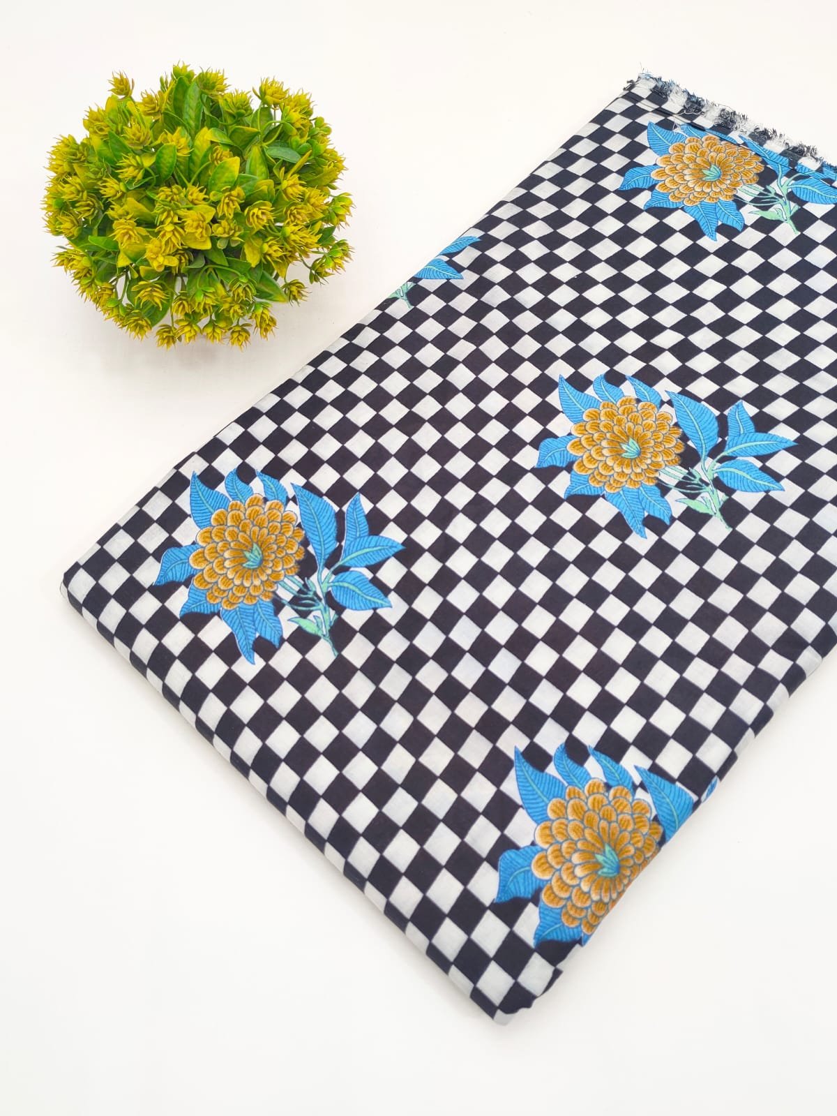 Navy Blue Floral Check Screen Print Pure Cotton Fabric