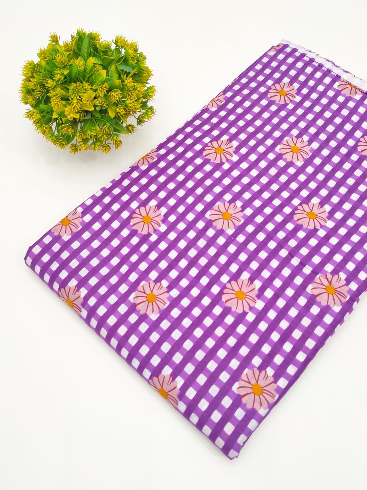 Purple Gingham Floral Screen Print Pure Cotton Fabric