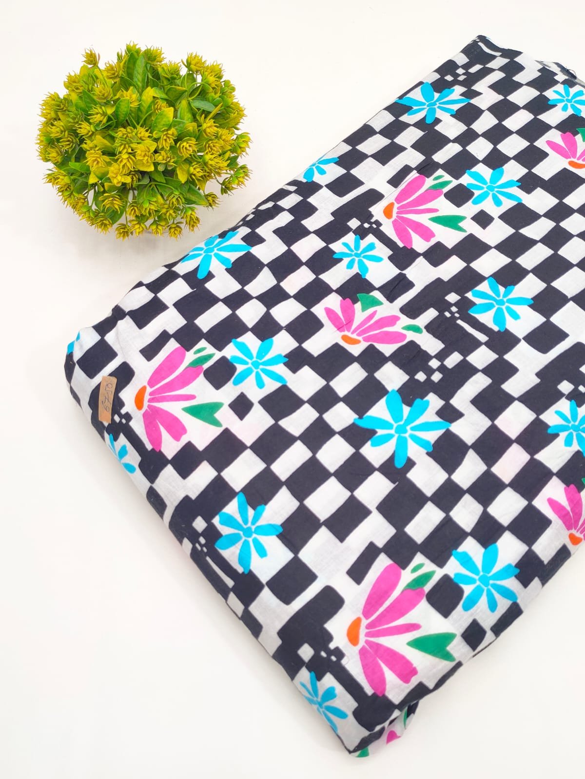 Black Checker Floral Screen Print Pure Cotton Fabric