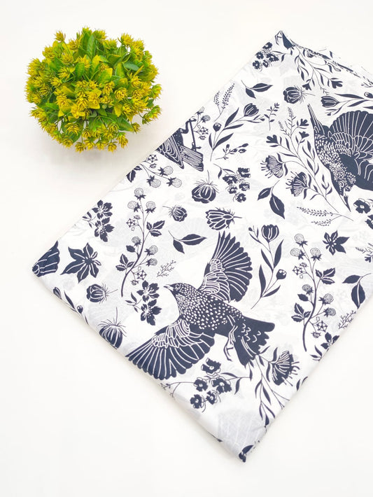 White Floral Bird Screen Print Pure Cotton Fabric