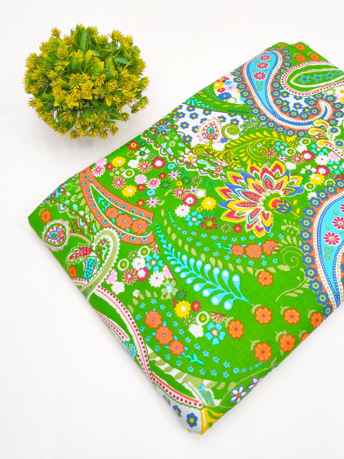 Green Paisley Floral Screen Print Pure Cotton Fabric