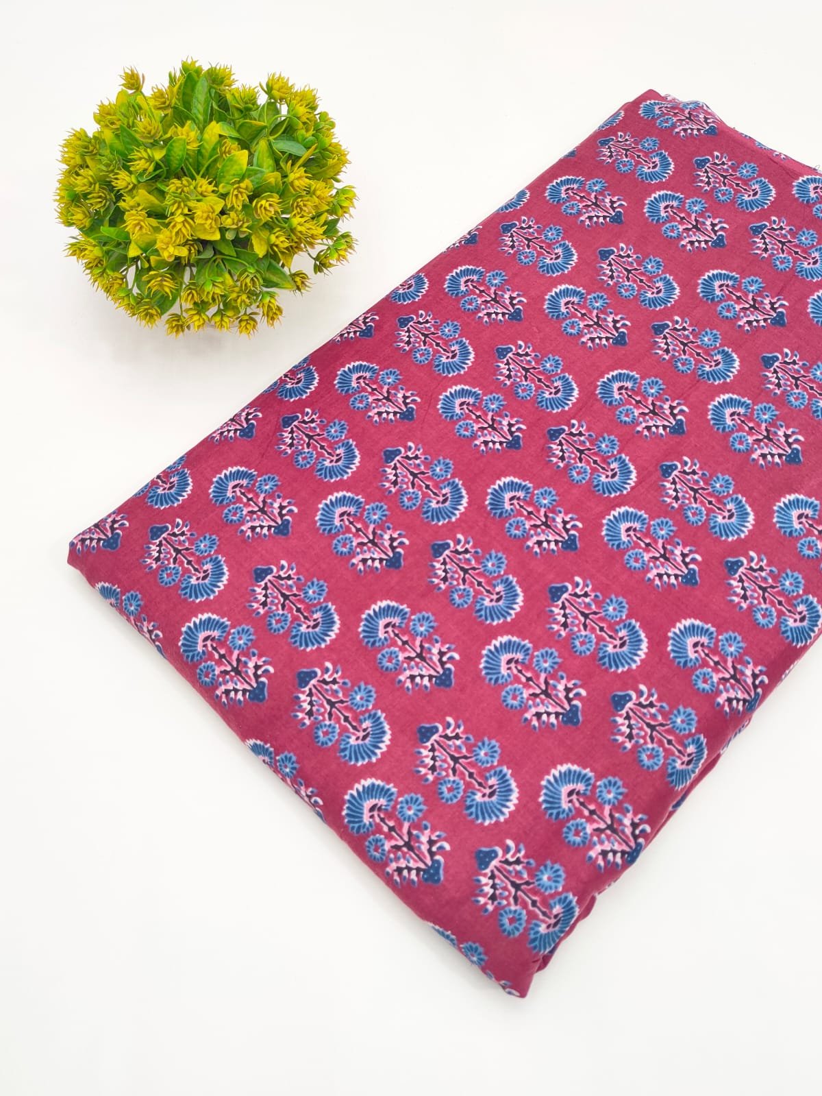 Maroon Blue Floral Screen Print Pure Cotton Fabric