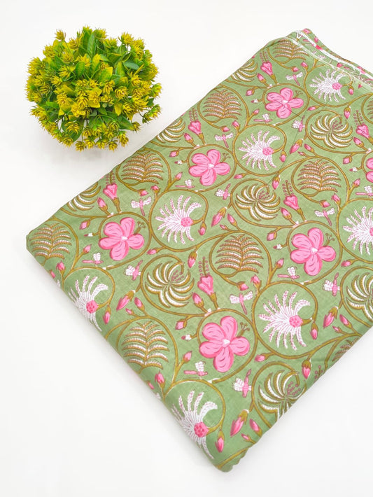 Olive Pink Floral Screen Print Pure Cotton Fabric