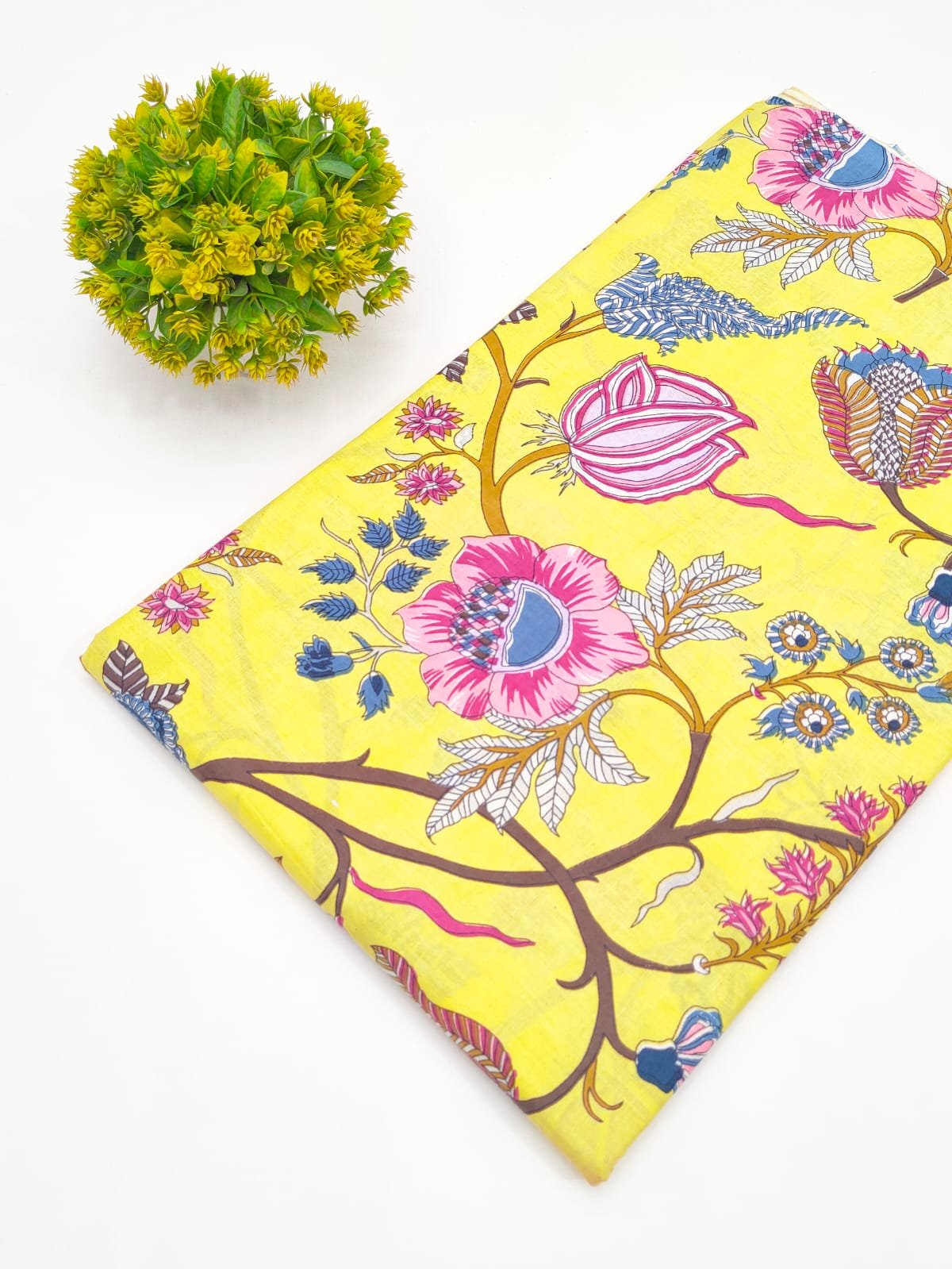 Yellow Multicolor Floral Screen Print Pure Cotton Fabric
