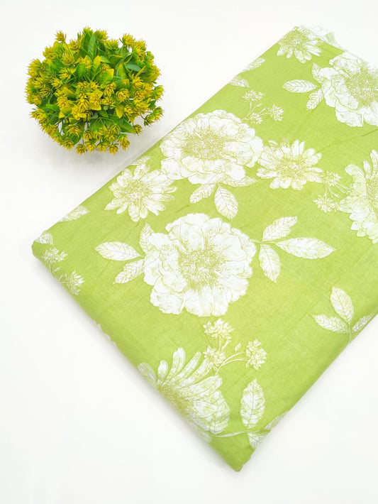 Light Green White Floral Screen Print Pure Cotton Fabric