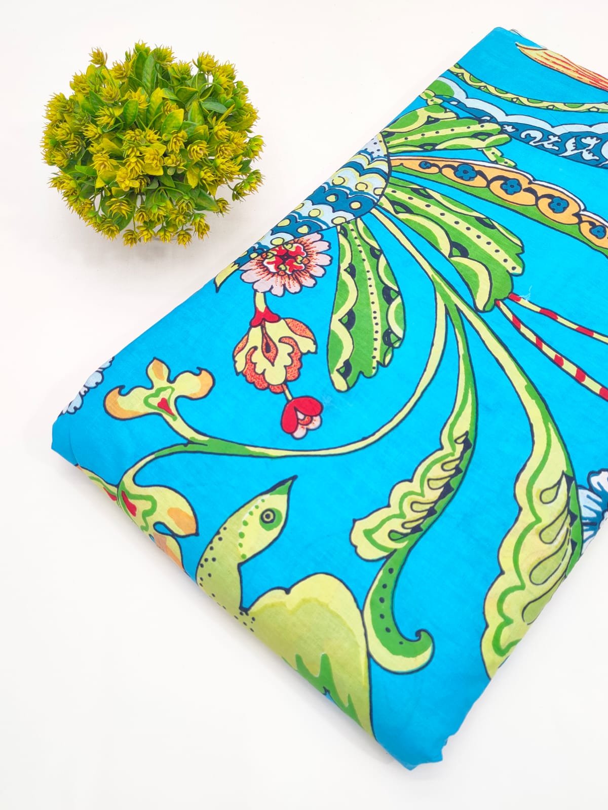 Turquoise Floral Screen Print Pure Cotton Fabric