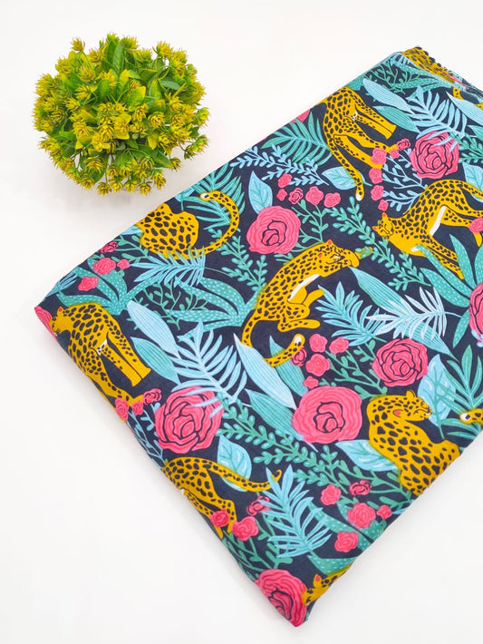 Navy Jungle Animal Screen Print Pure Cotton Fabric