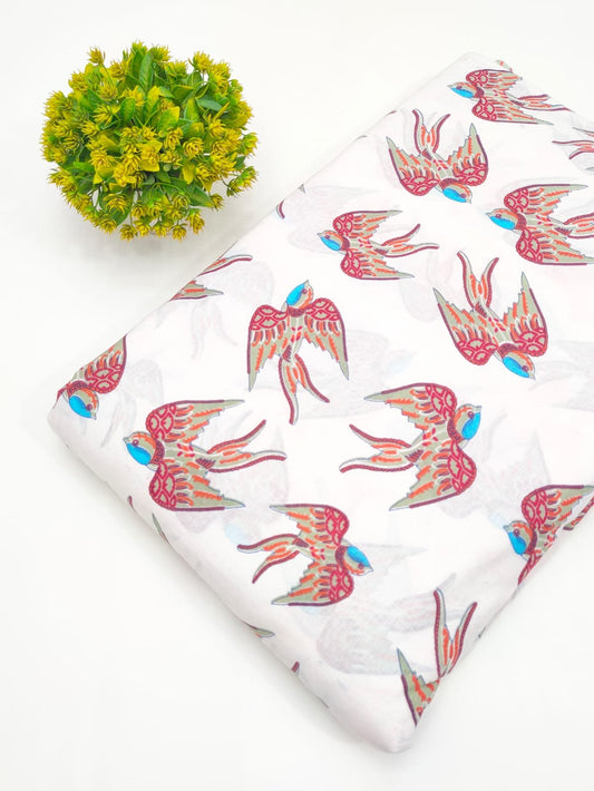 White Bird Motif Screen Print Pure Cotton Fabric