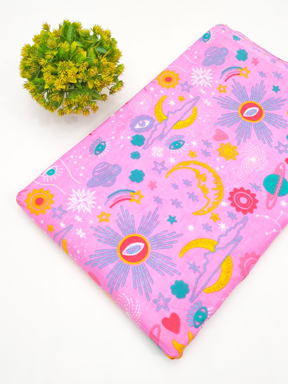 Bright Pink Cosmic Screen Print Pure Cotton Fabric
