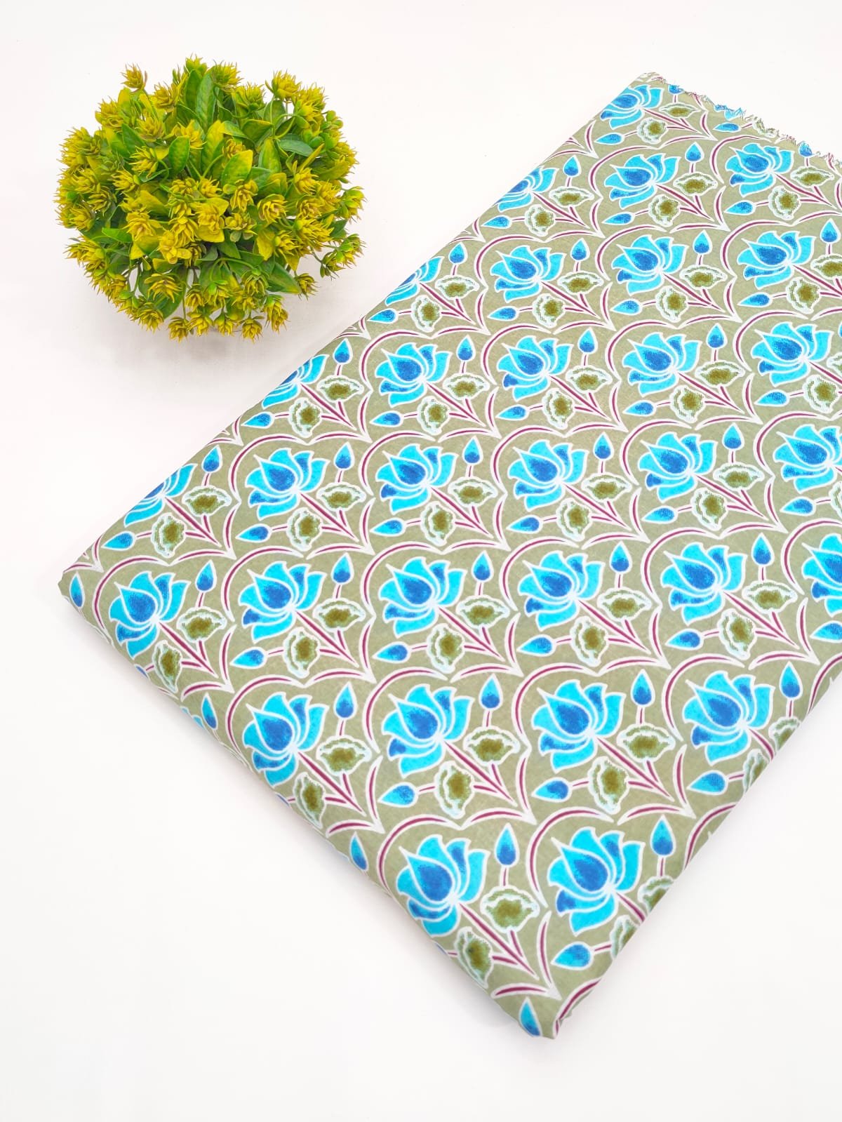 Gray Blue Rose Motif Screen Print Pure Cotton Fabric