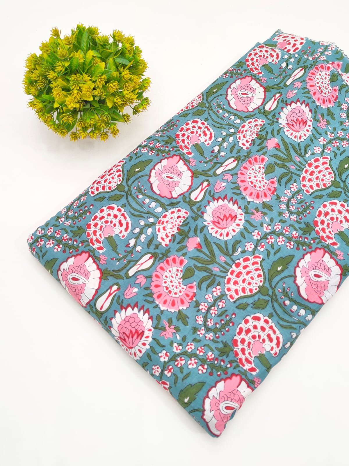 Teal Floral Screen Print Pure Cotton Fabric