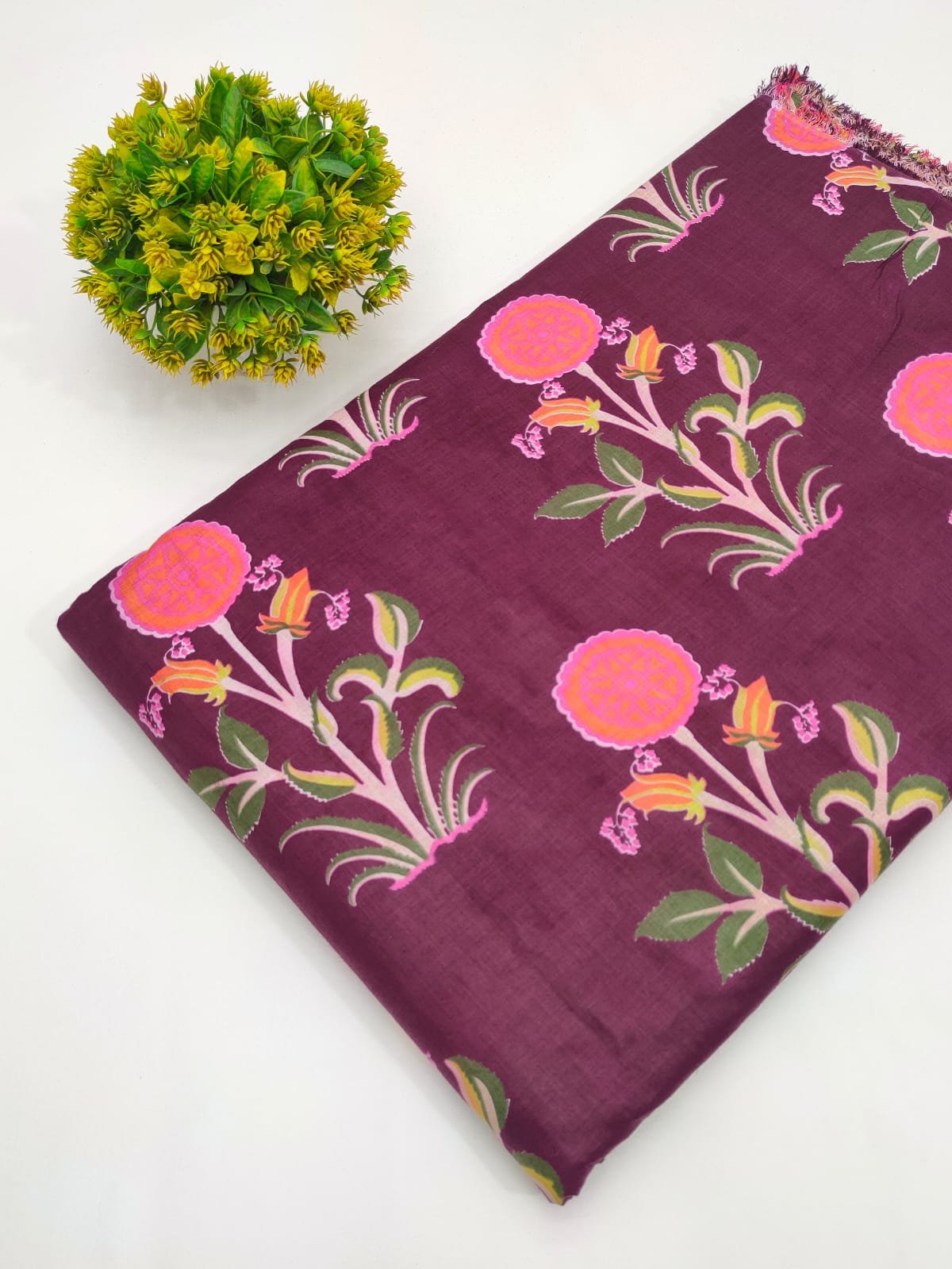 Maroon Floral Screen Print Pure Cotton Fabric