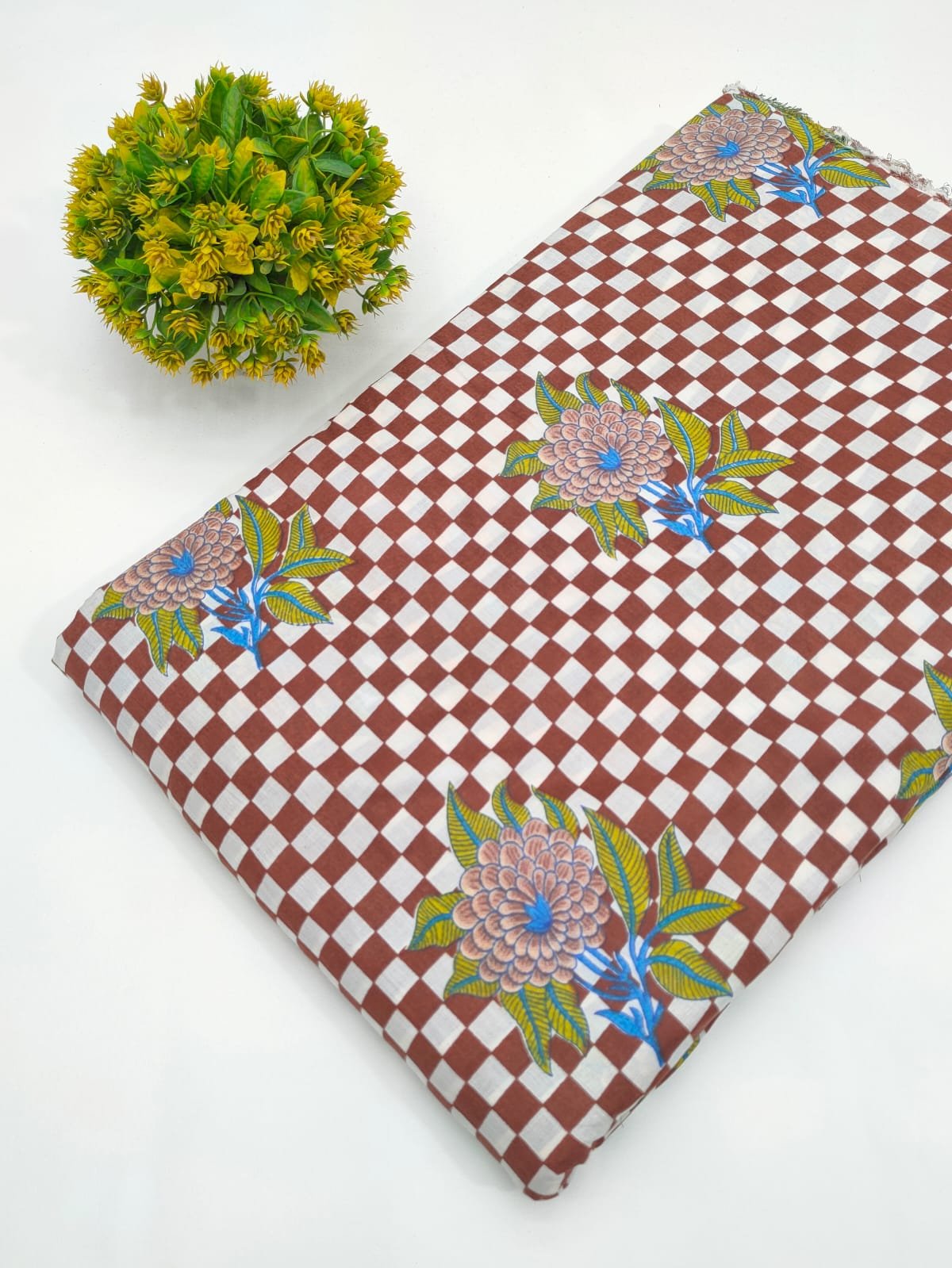 Brown Checkered Floral Screen Print Pure Cotton Fabric