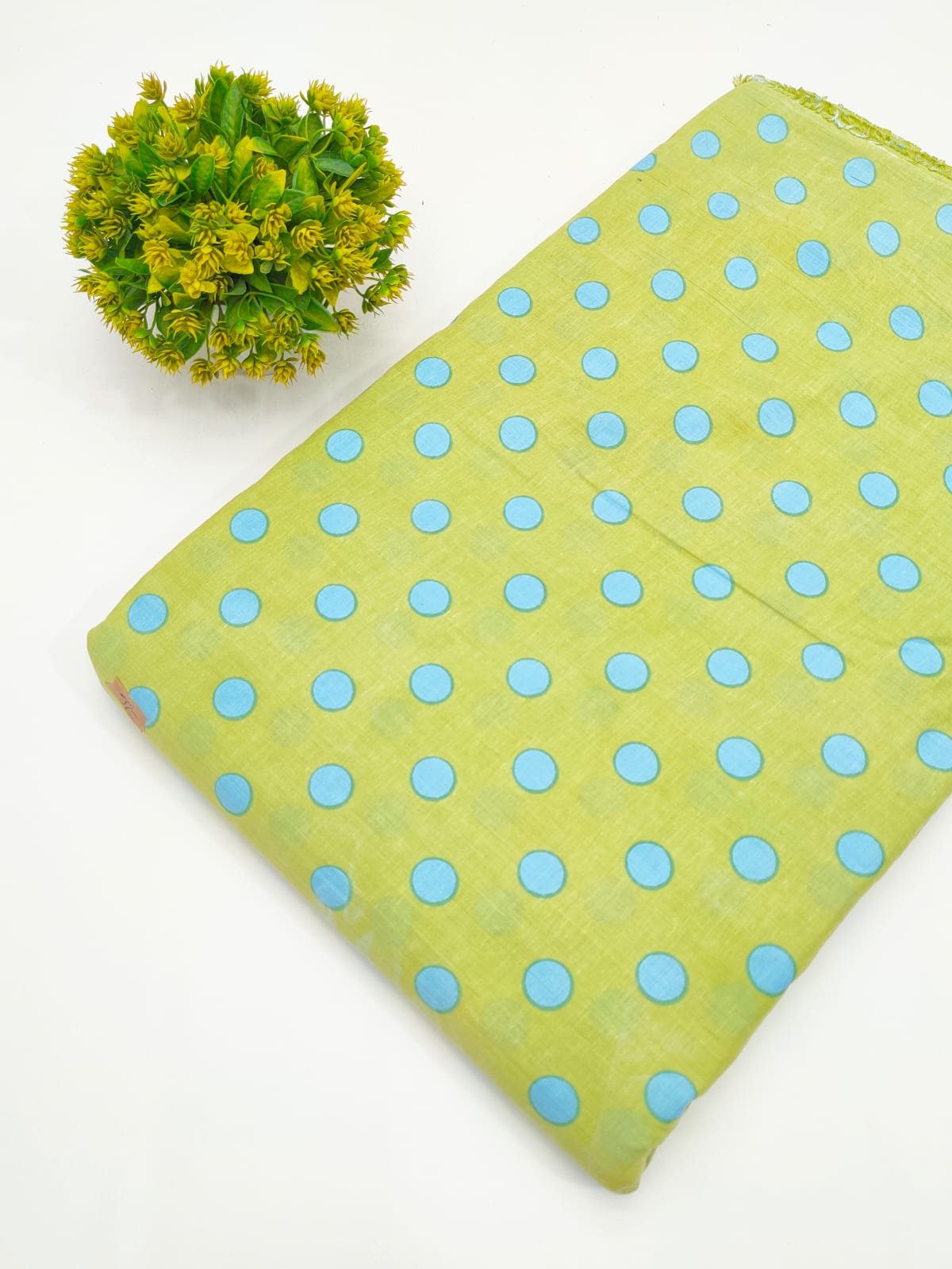 Light Green Polka Dot Screen Print Pure Cotton Fabric