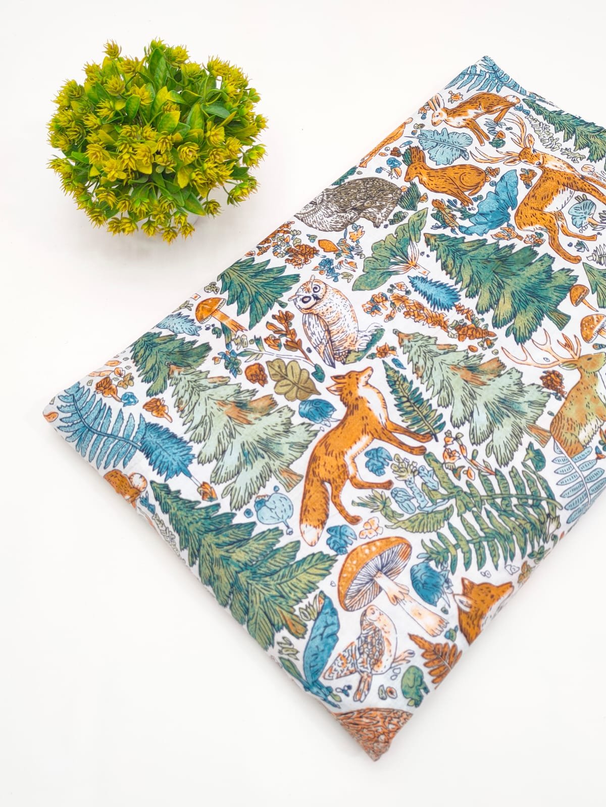 White Forest Animals Print Screen Print Pure Cotton Fabric