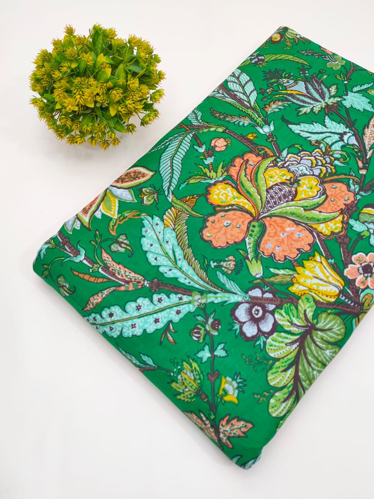 Green Floral Screen Print Pure Cotton Fabric