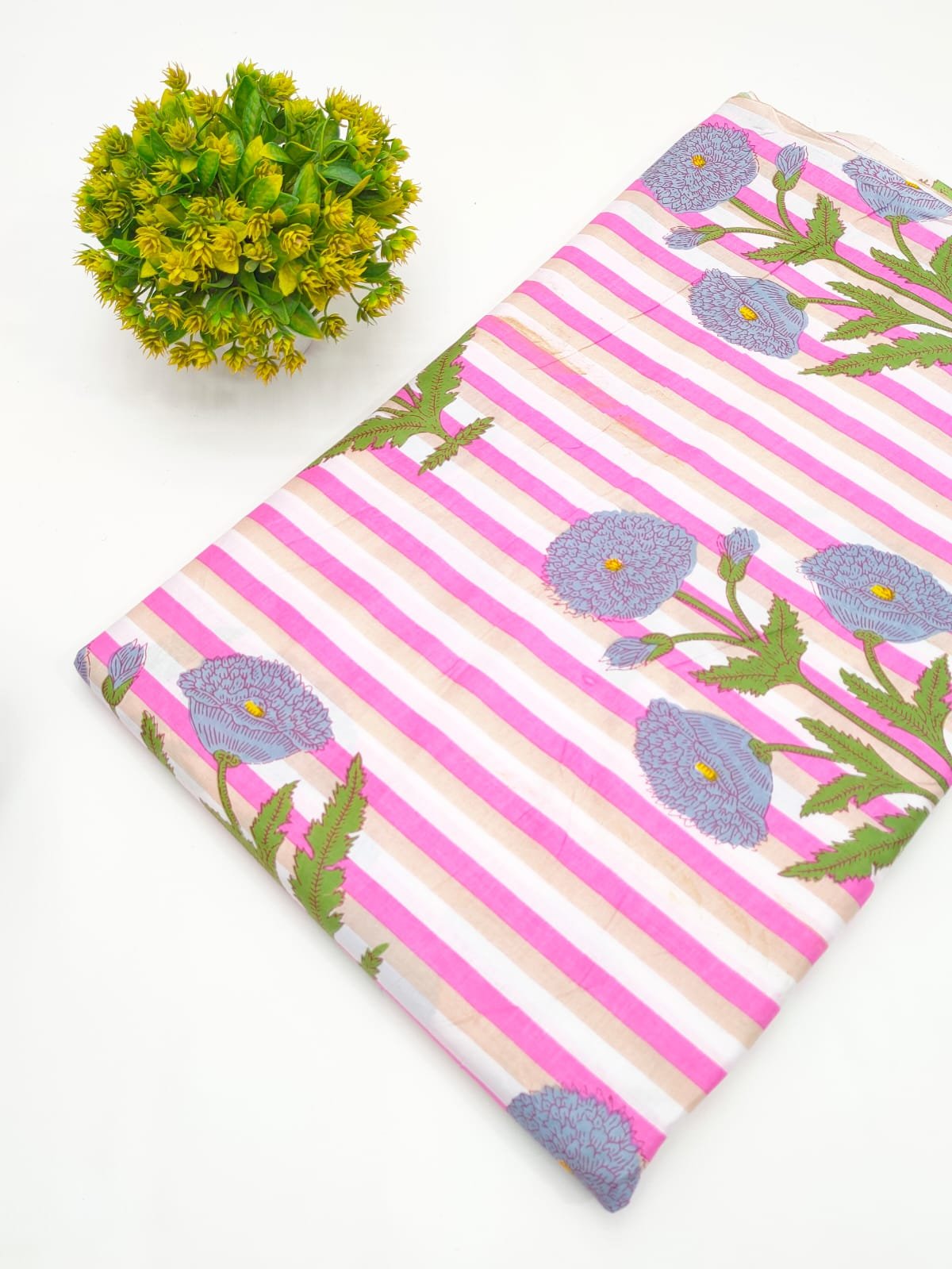 Pink Striped Floral Screen Print Pure Cotton Fabric