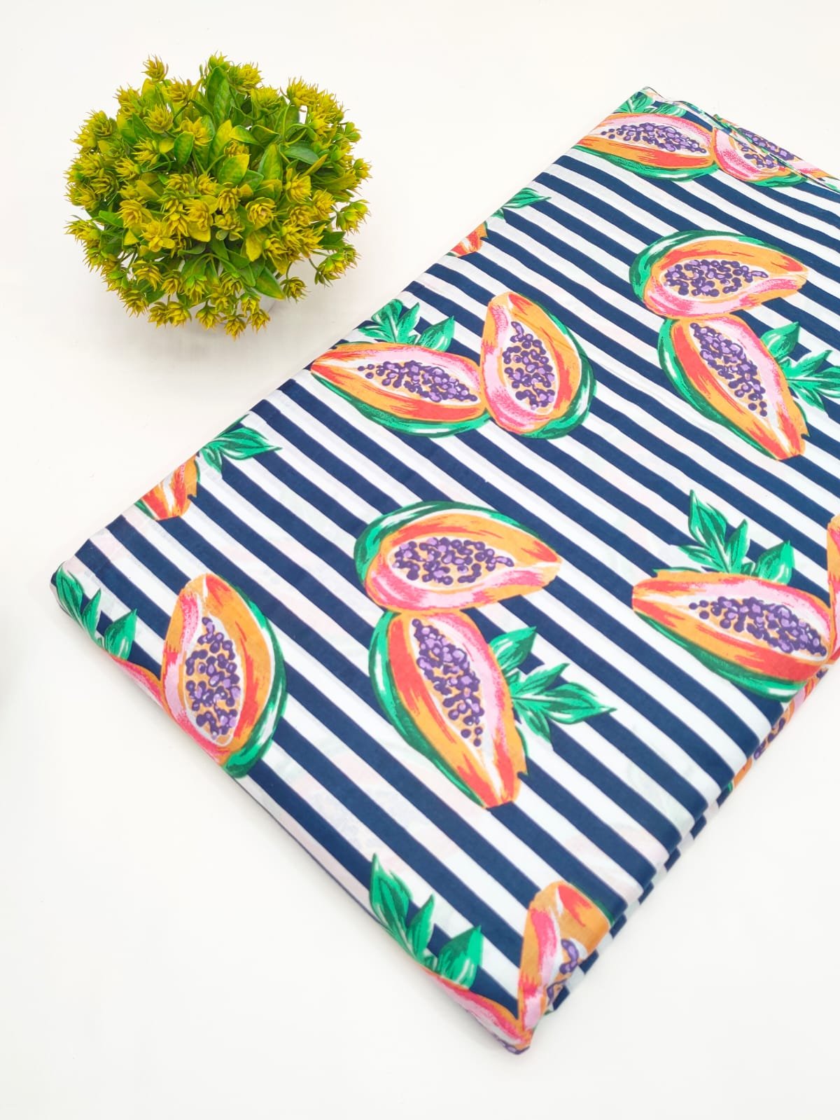 Navy Striped Papaya Motif Screen Print Pure Cotton Fabric