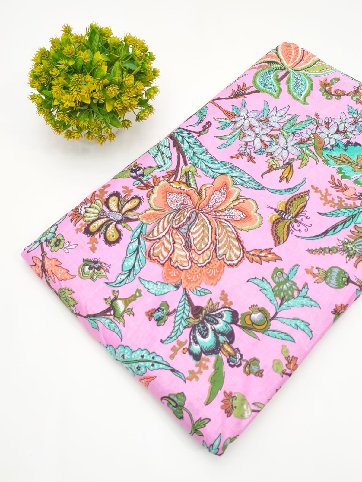 Pink Floral Screen Print Pure Cotton Fabric