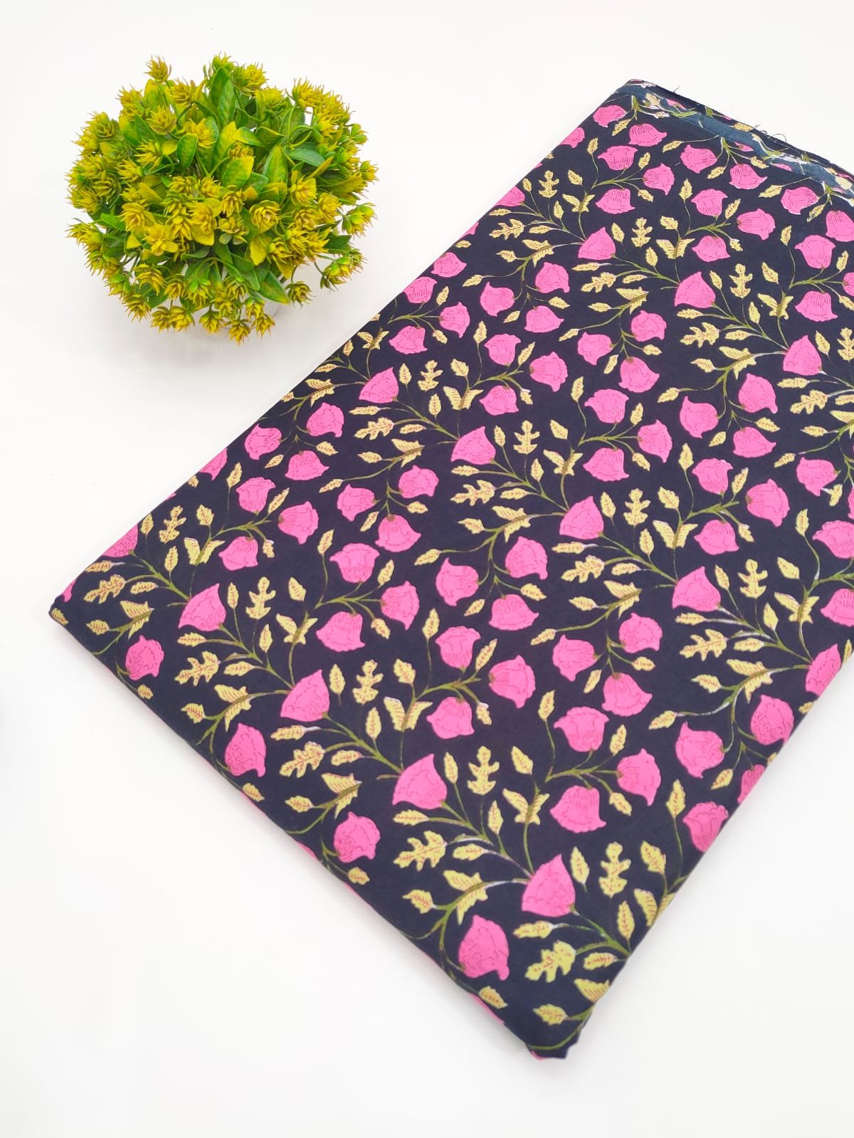 Navy Pink Floral Screen Print Pure Cotton Fabric