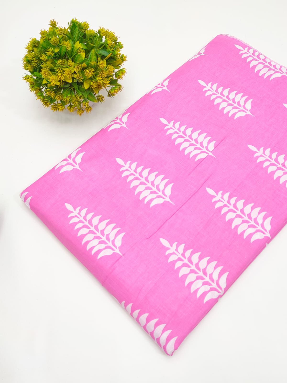 Pink White Fern Screen Print Pure Cotton Fabric