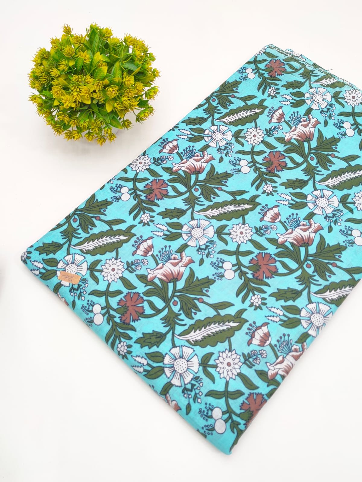 Aqua Floral Screen Print Pure Cotton Fabric