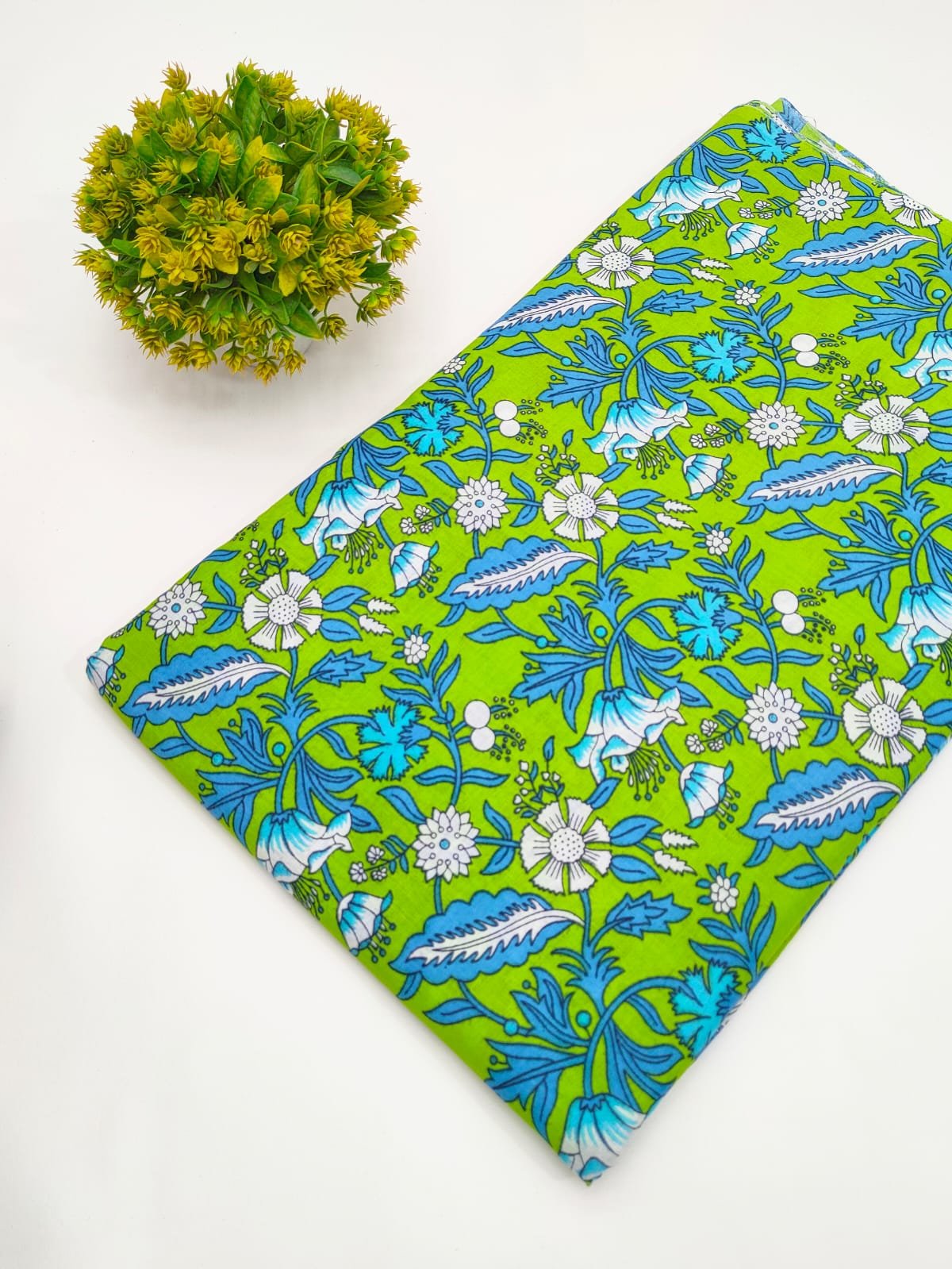 Lime Green Floral Screen Print Pure Cotton Fabric