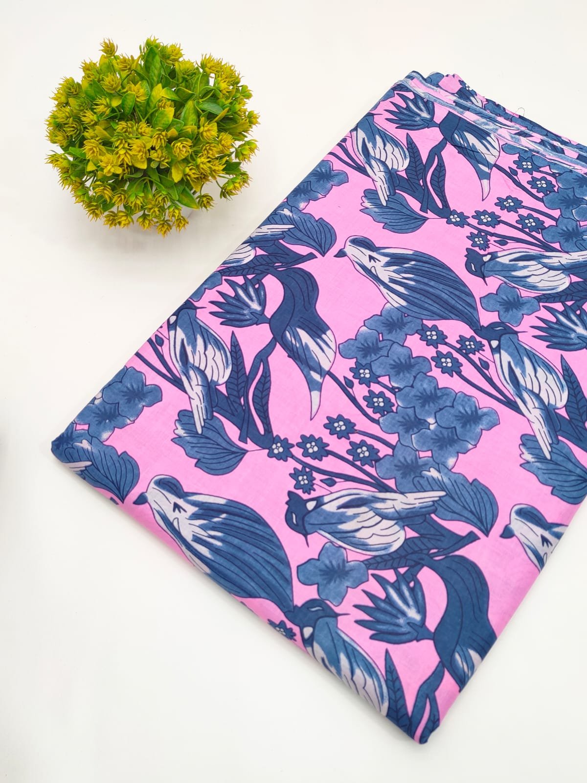 Pink Bird and Floral Screen Print Pure Cotton Fabric