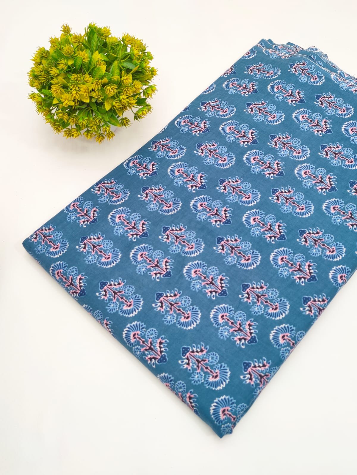 Teal Floral Screen Print Pure Cotton Fabric