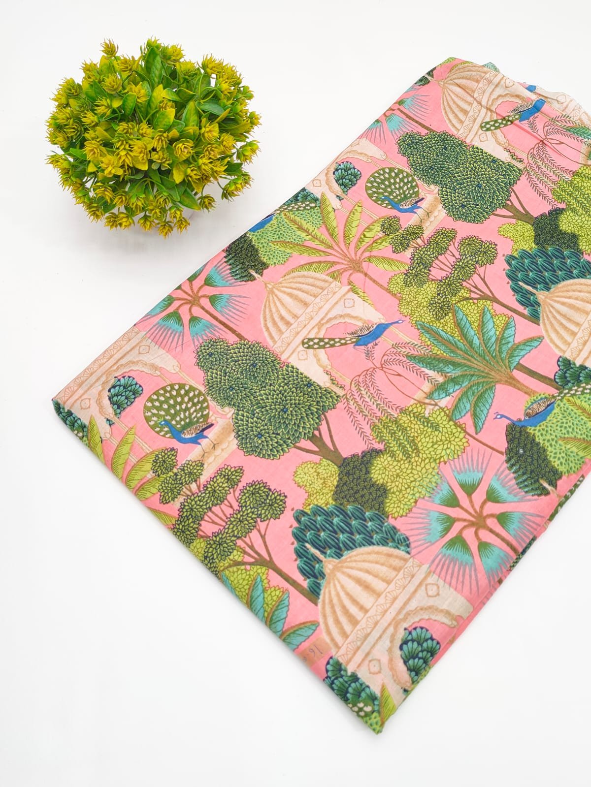 Pink Tropical Leaf Screen Print Pure Cotton Fabric
