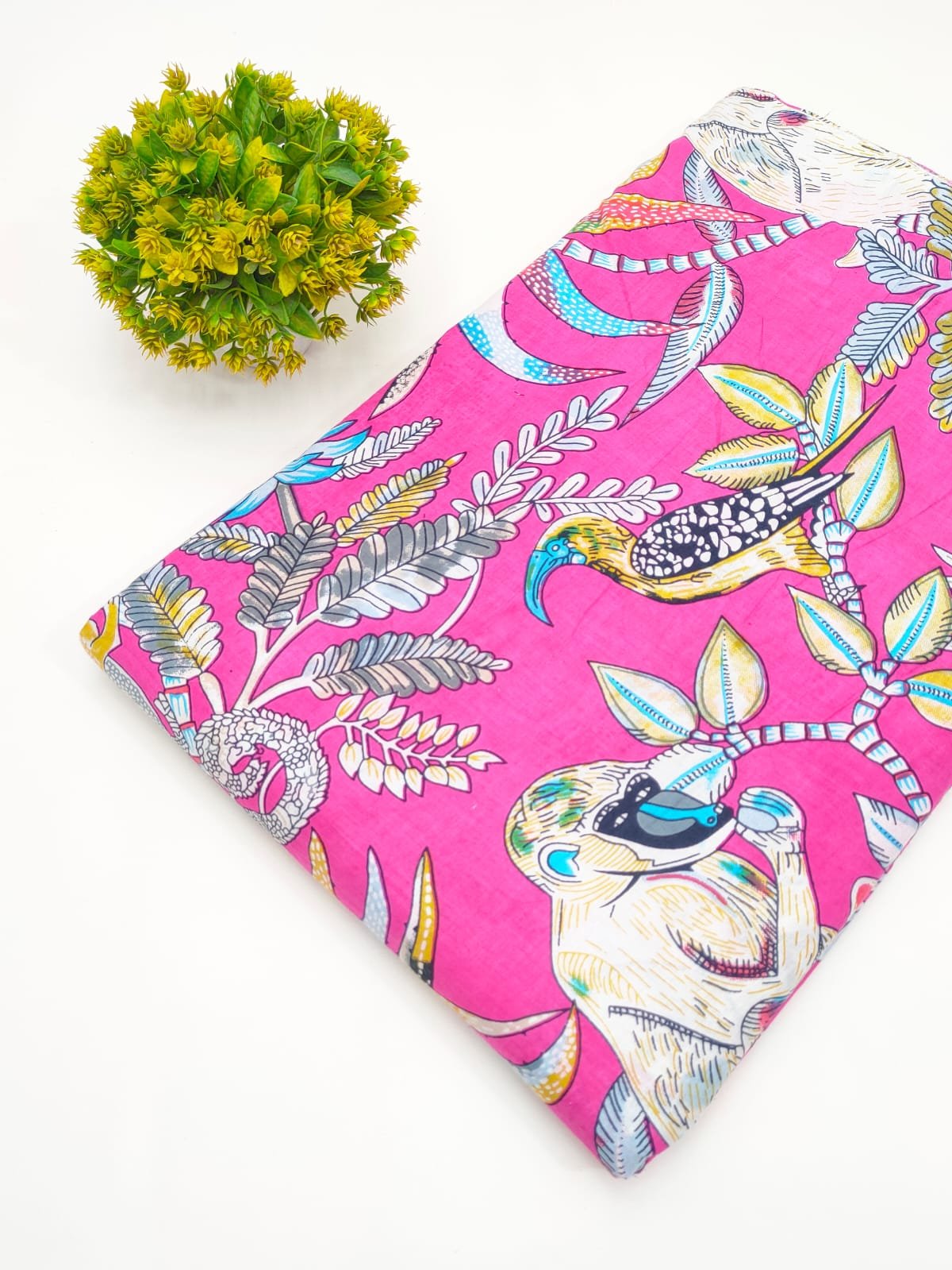Fuchsia Bird Motif Screen Print Pure Cotton Fabric