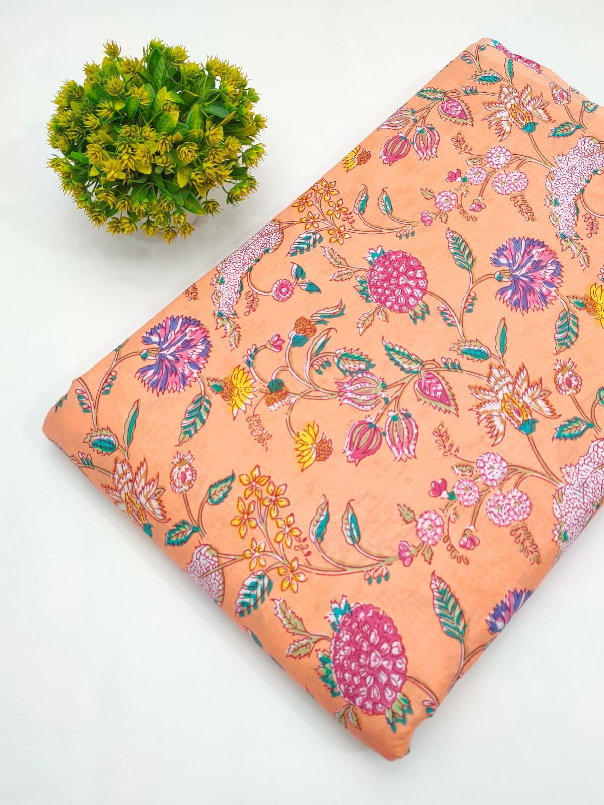 Peach Floral Screen Print Pure Cotton Fabric