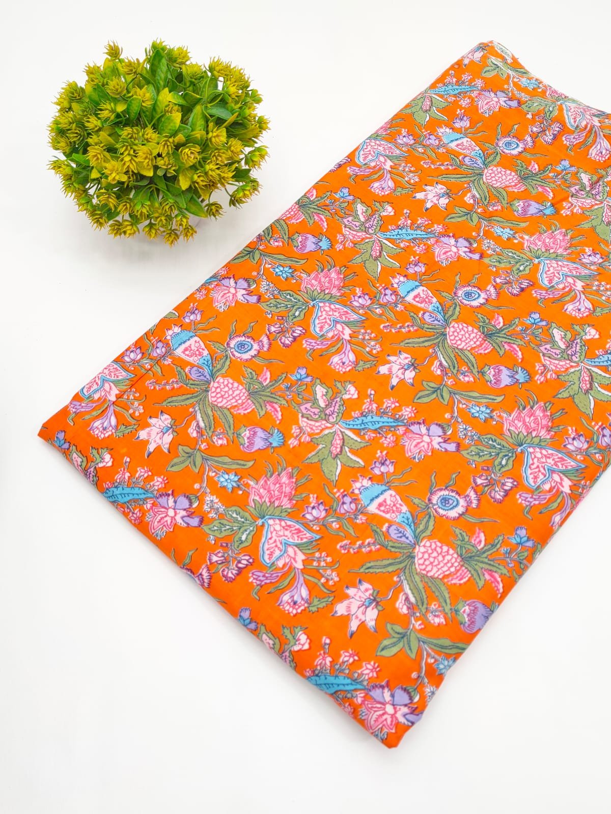 Orange Floral Screen Print Pure Cotton Fabric