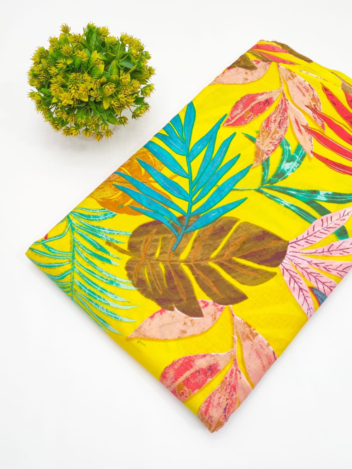 Yellow Tropical Leaf Screen Print Pure Cotton Fabric