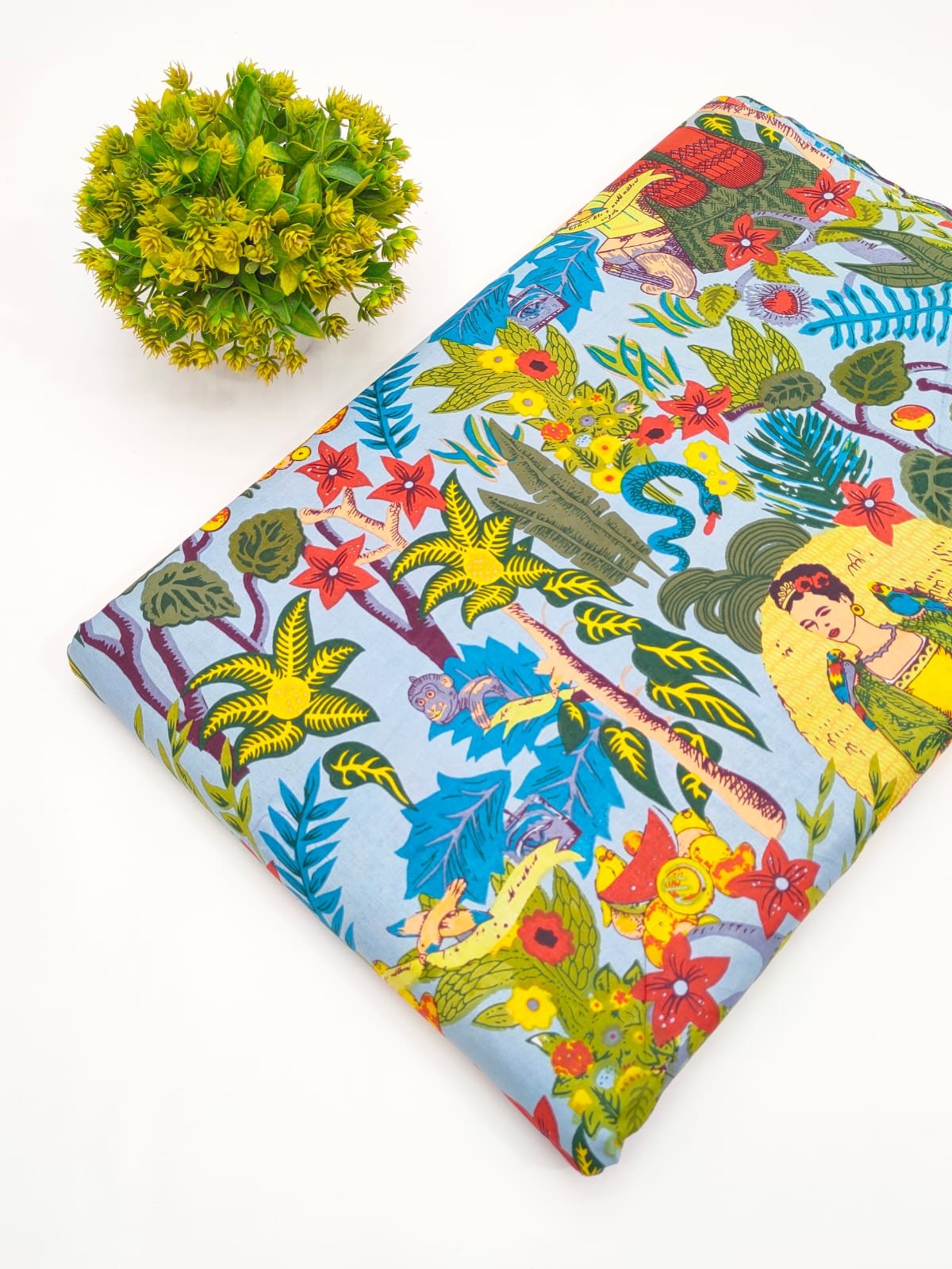 Blue Floral Jungle Screen Print Pure Cotton Fabric