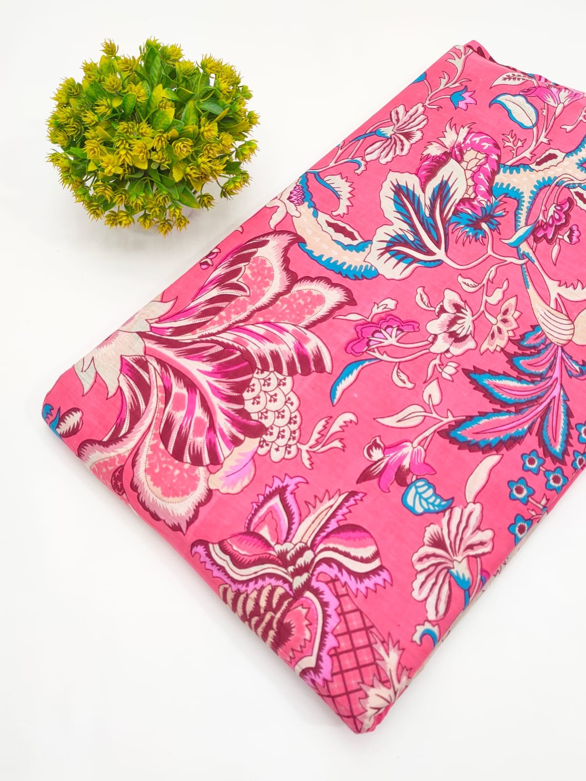 Pink Floral Vine Screen Print Pure Cotton Fabric