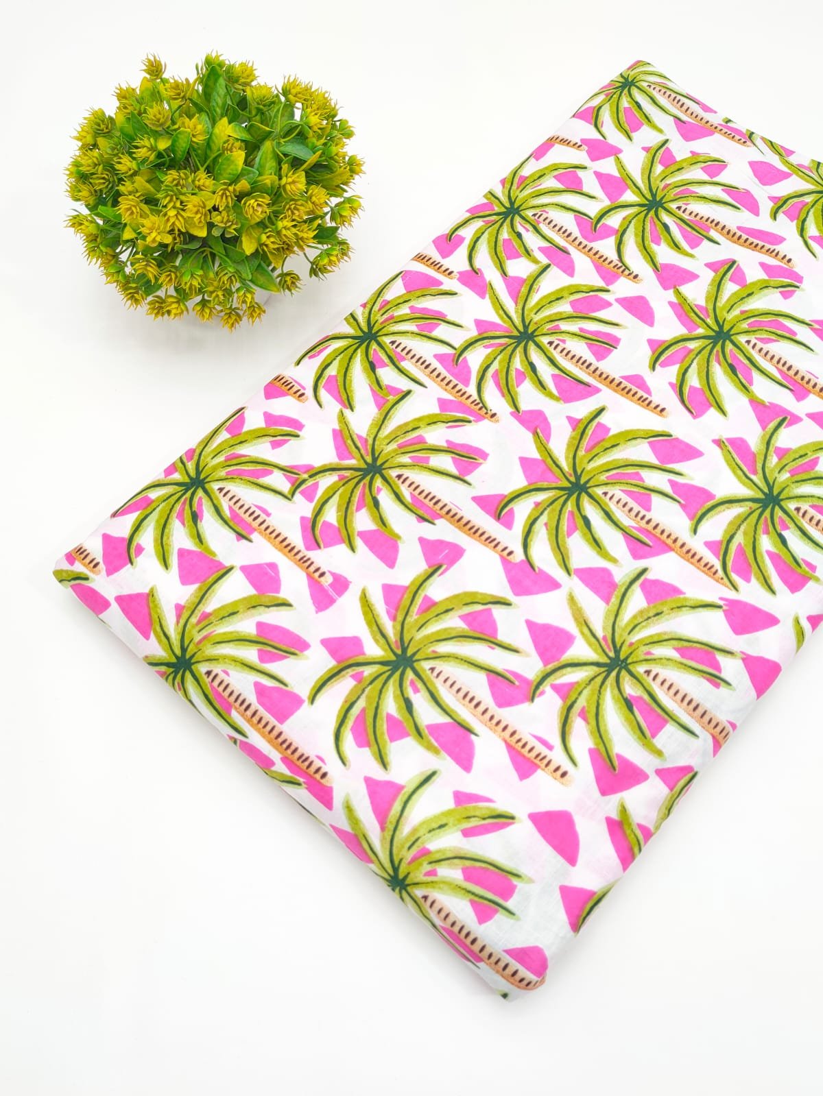 White Tropical Palm Print Screen Print Pure Cotton Fabric