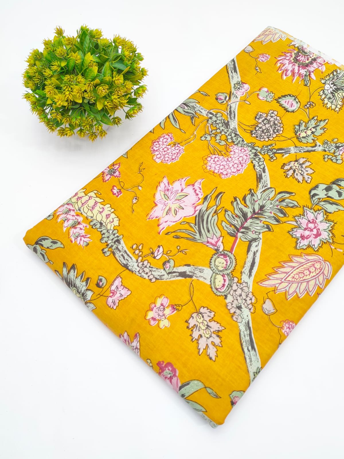 Mustard Floral Vine Screen Print Pure Cotton Fabric