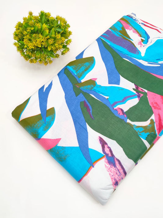 Multi-Colored Leaf Print Screen Print Pure Cotton Fabric