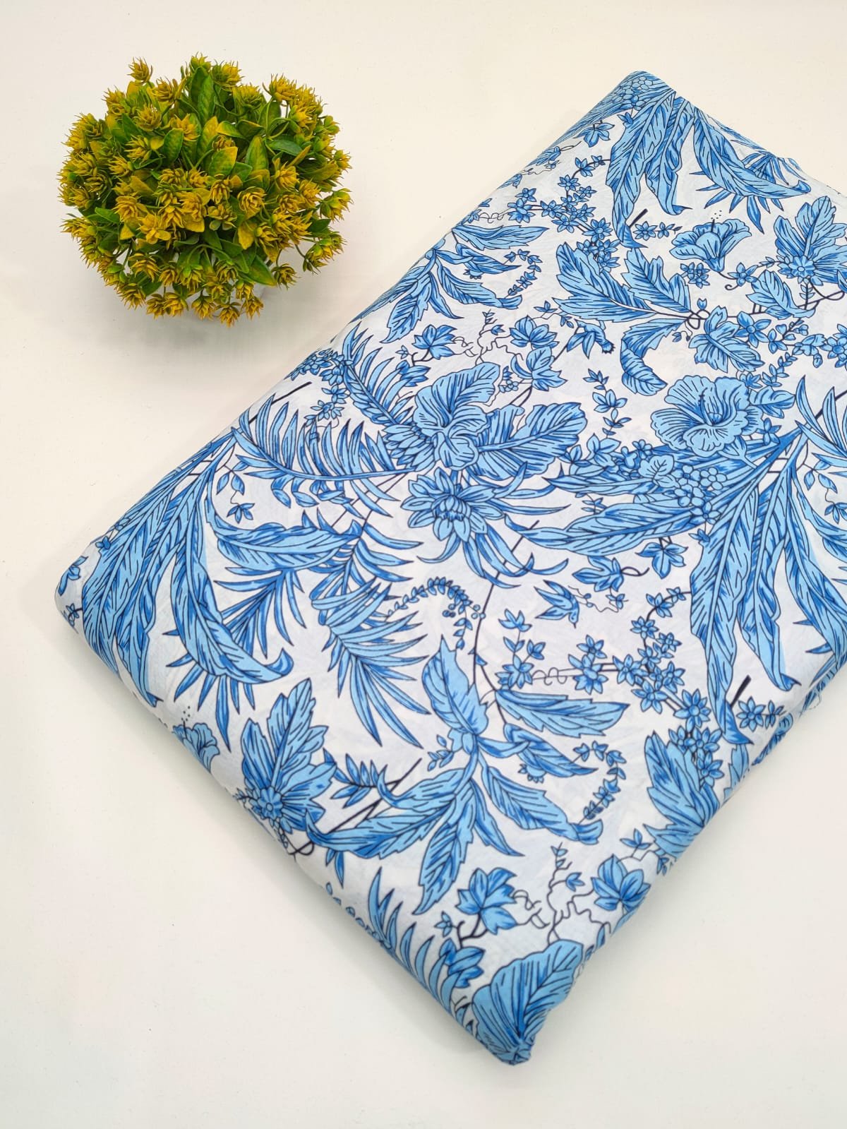 Sky Blue Botanical Screen Print Pure Cotton Fabric