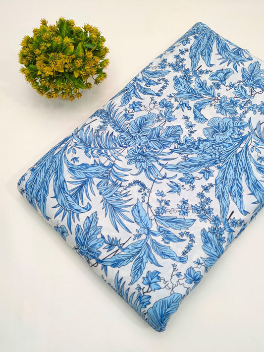 Sky Blue Botanical Screen Print Pure Cotton Fabric