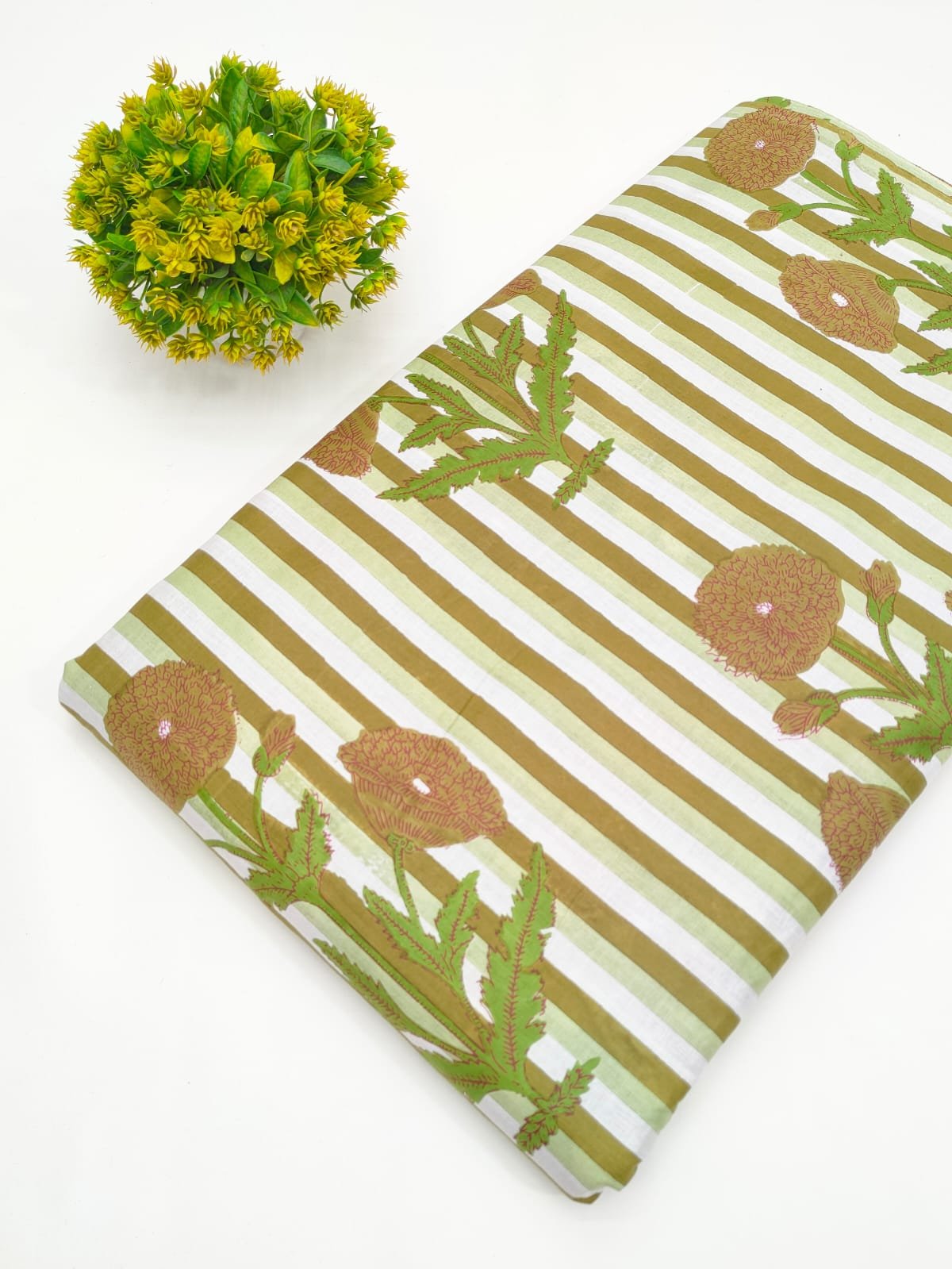 Olive Green Striped Floral Screen Print Pure Cotton Fabric