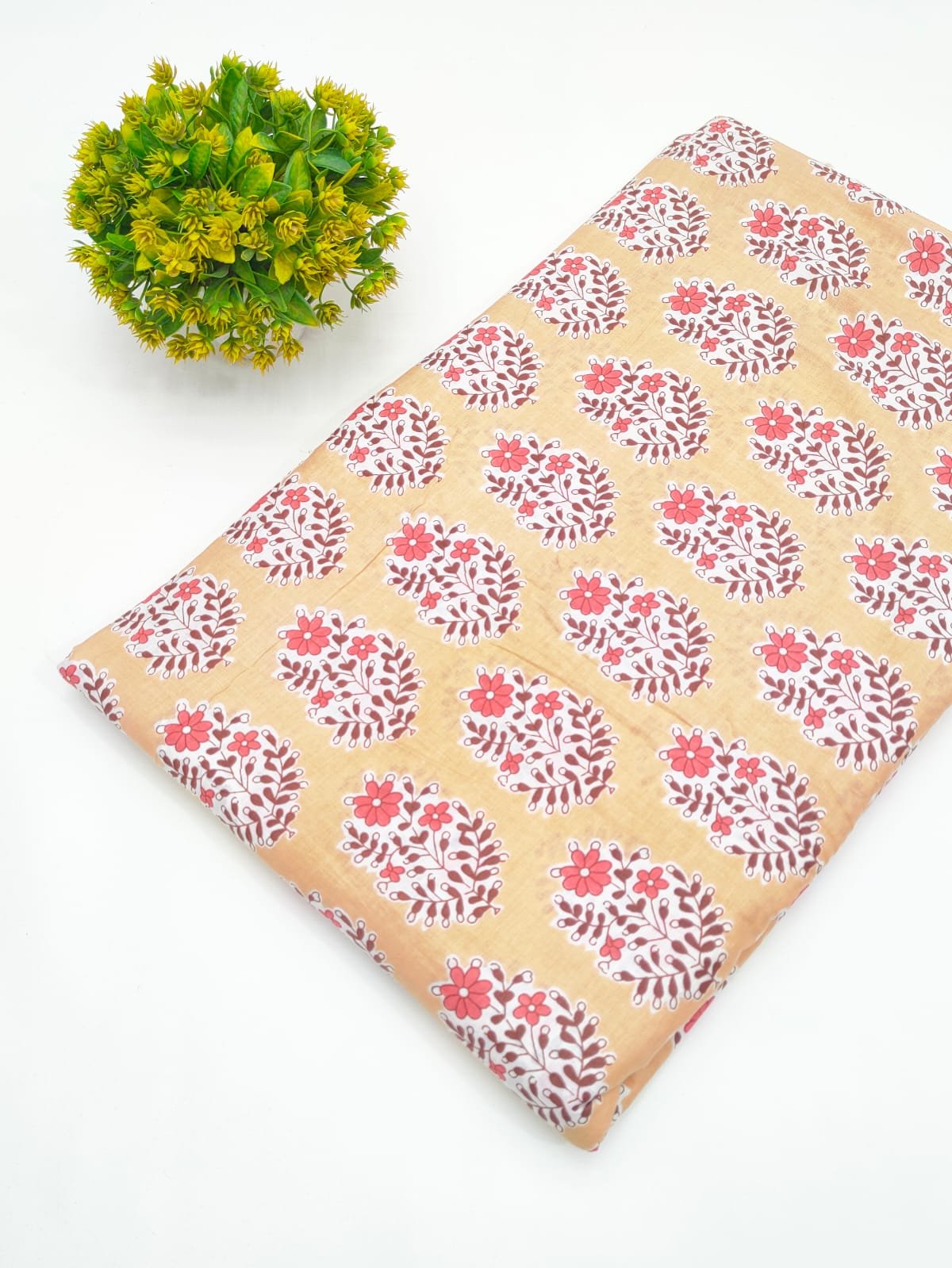 Golden Beige Floral Screen Print Pure Cotton Fabric