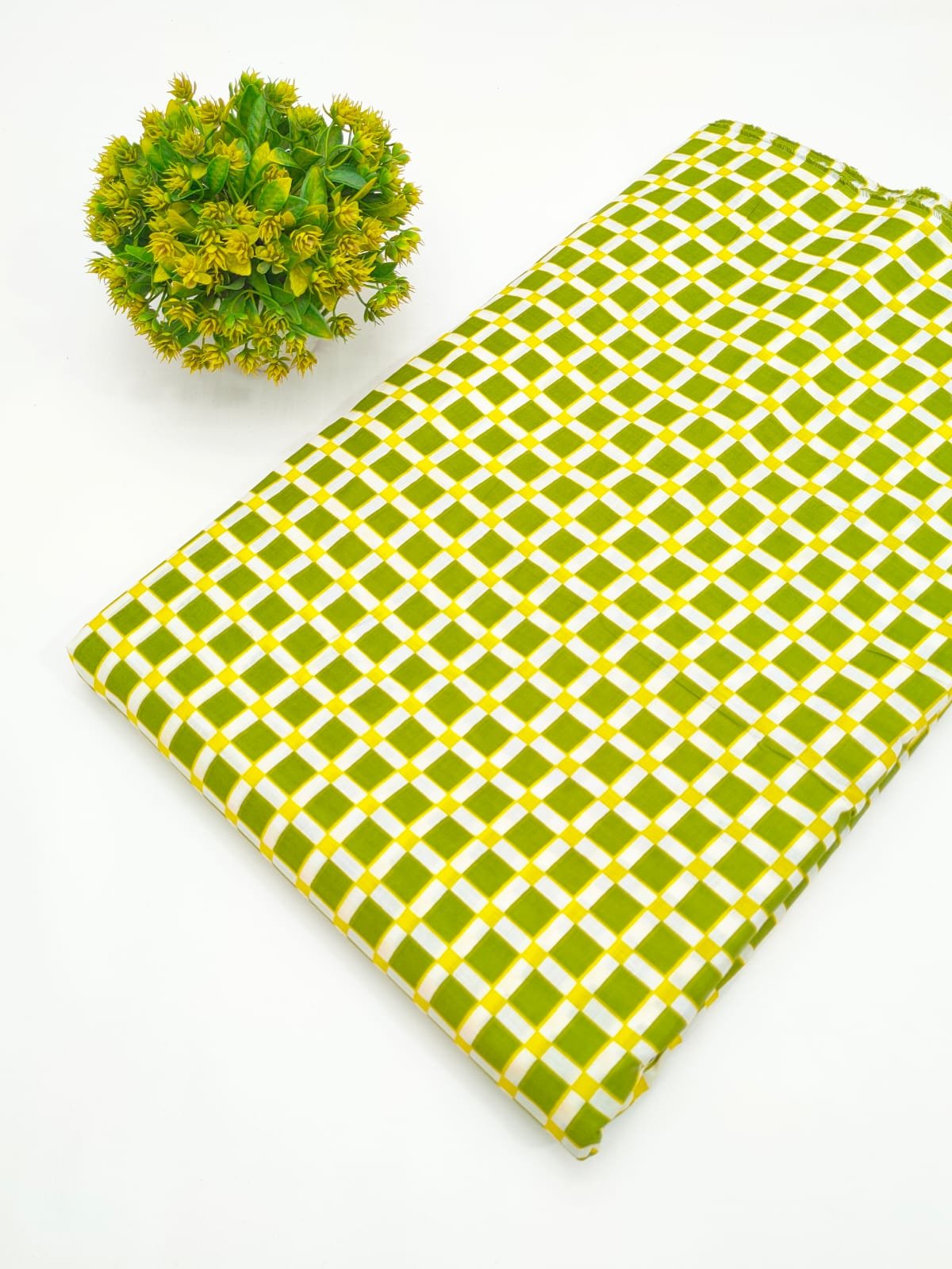 Lime Green Geometric Screen Print Pure Cotton Fabric